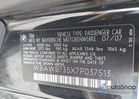 2007 BMW 335I from USA, damaged, VIN WBAWB735X7P037513